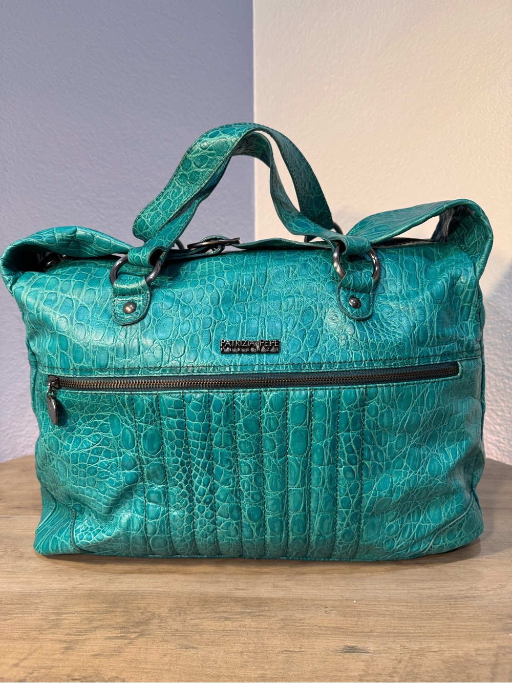Patrizia Pepe Turquoise Croc Embossed Leather Y2K Boho Tote
